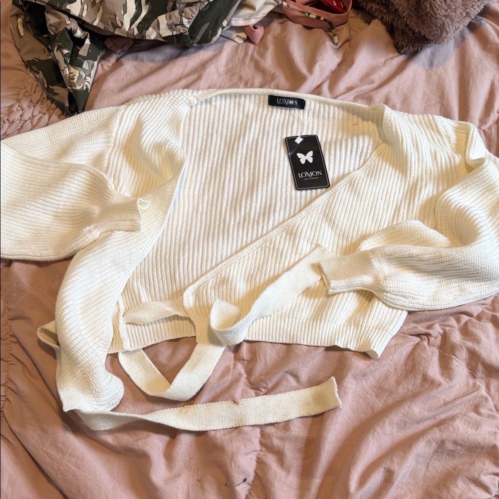 LOVON Cream Tie-Front Ribbed Cardigan Sweater